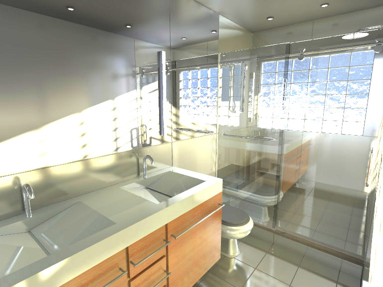 Modern bathroom remodel computer rendering.
