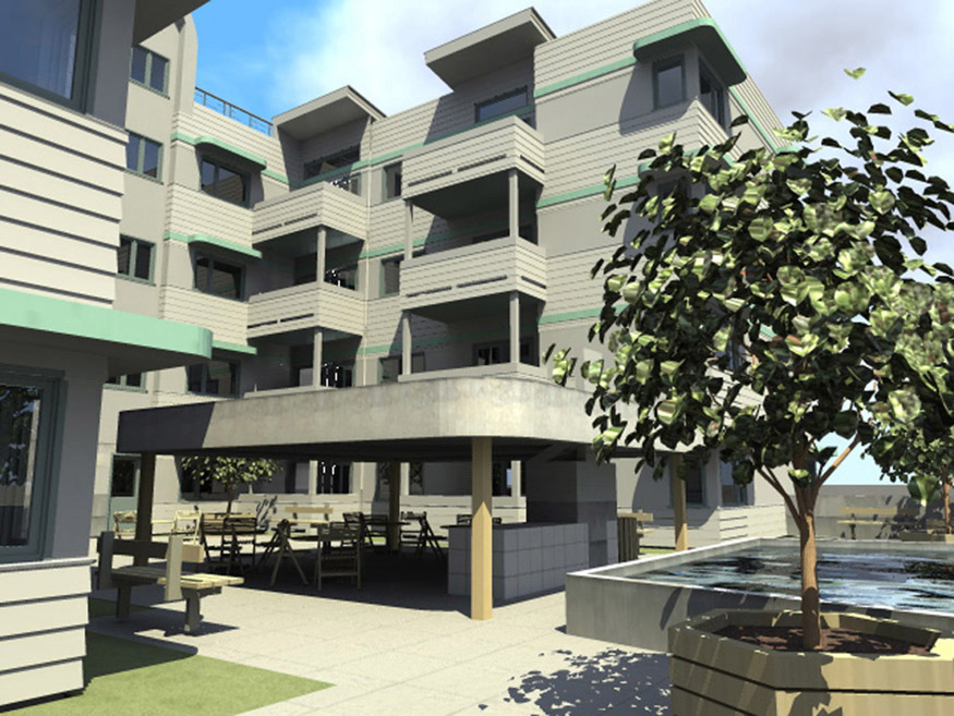 Computer generated architectural rendering of a green condominium design.