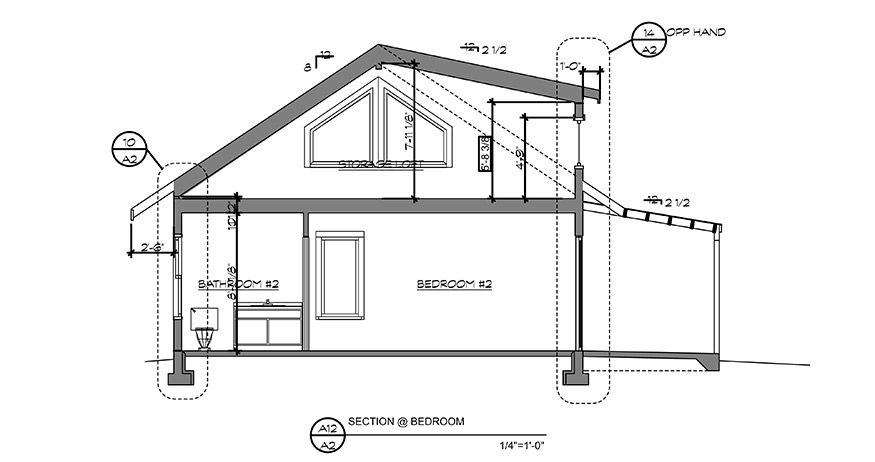 Section view through a loft, bedroom, and bathroom.